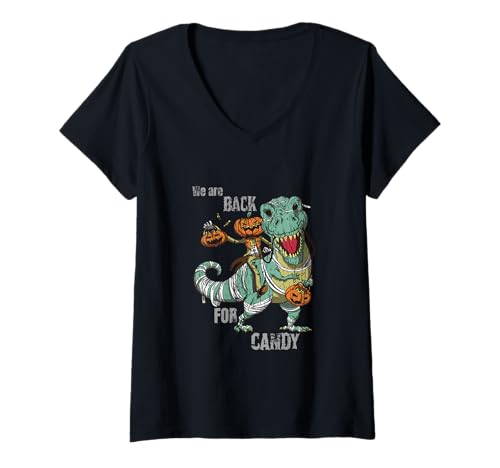Damen Gruseliges Halloween: Ghost Jack-o'-Lantern & T-Rex Mumienreiten T-Shirt mit V-Ausschnitt Damen Gruseliges Halloween: Ghost Jack-o'-Lantern & T-Rex Mumienreiten T-Shirt mit V-Ausschnitt von MegaFisheRock