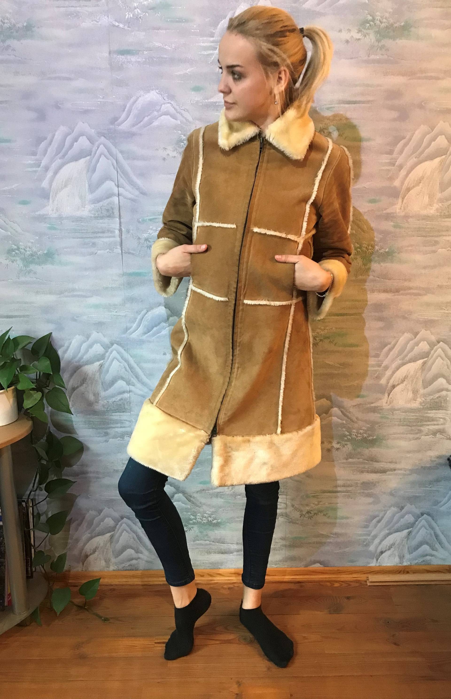 Sand Aus Braunem Wildleder Leder Mantel Warm Schwein Split Oberbekleidung Braun Trench Mit Fell Damen Wintermantel Größe Medium von MegaaShop
