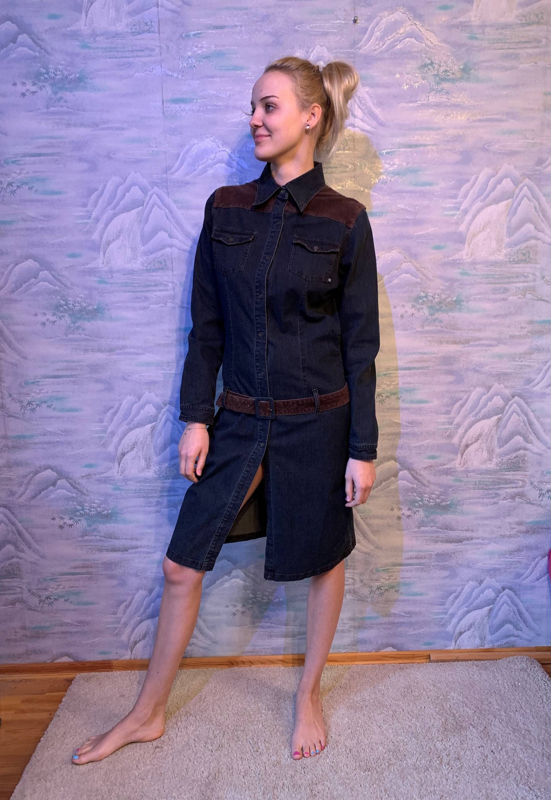 Vintage 90Er Jahre Dunkel Braun Corduroy Und Denim Kleid Lange Ärmellose Button Up Große Größe von MegaaShop