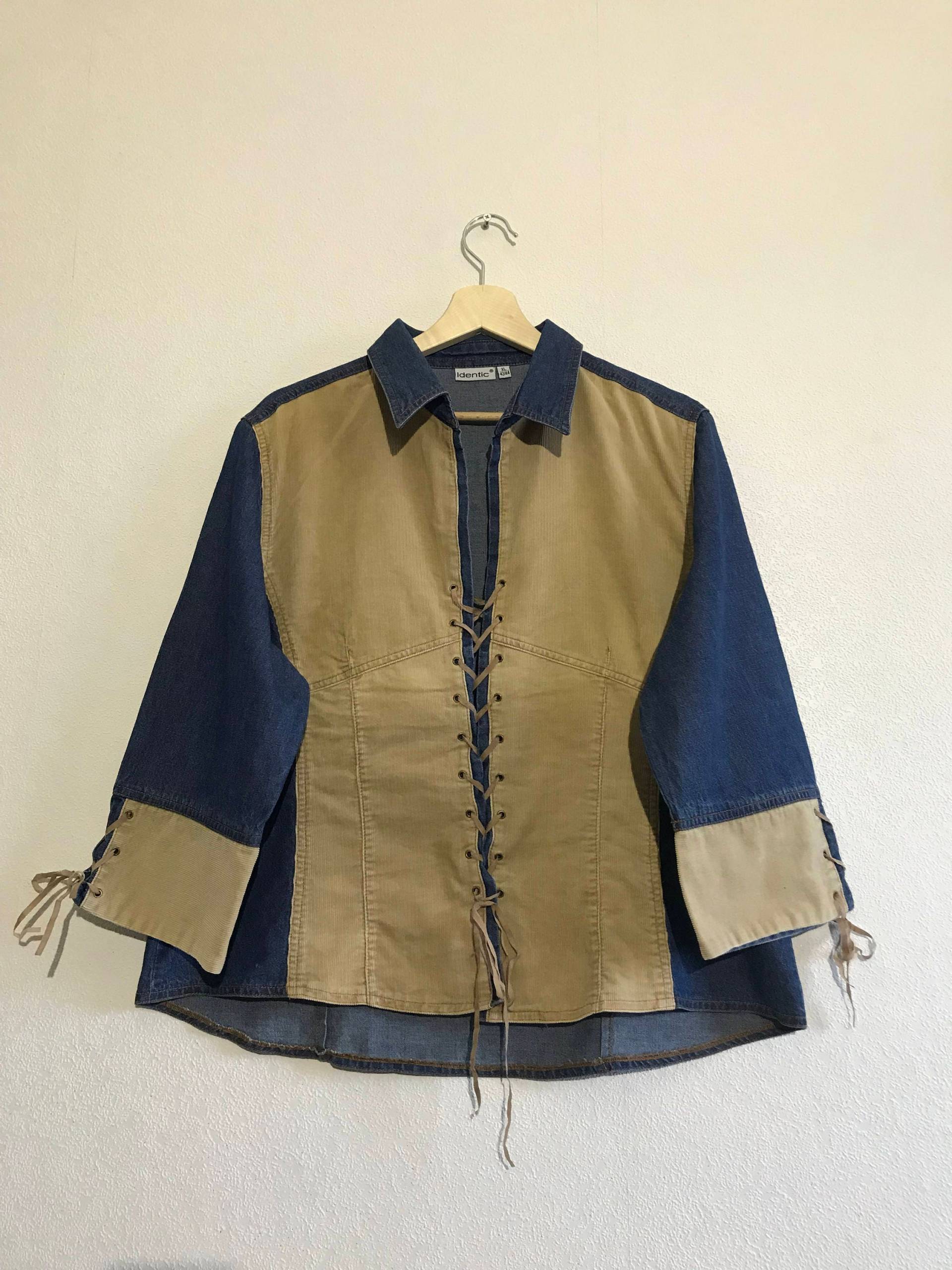 Vintage Westlichen Courduroy Shirt Blue Jeans Cowboy Jeanshemd Mit Sand Braun Extra Groß-Shirt von MegaaShop