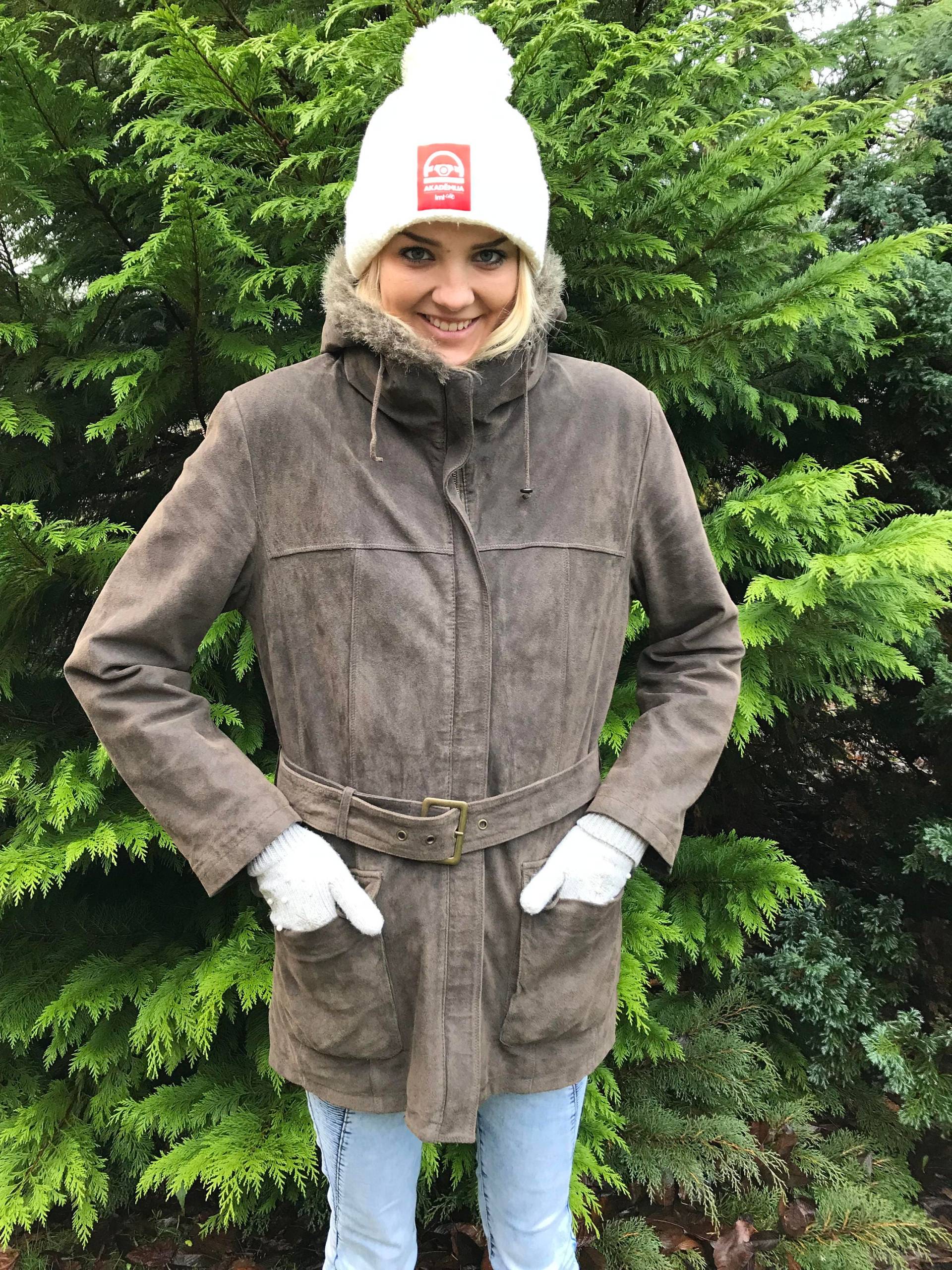 Weinlese-Frauen Leder Parka Mantel Grau Wildleder Webpelz Trim Mittlere Bis Große Größe Winter Hipster Jacke Kapuze von MegaaShop