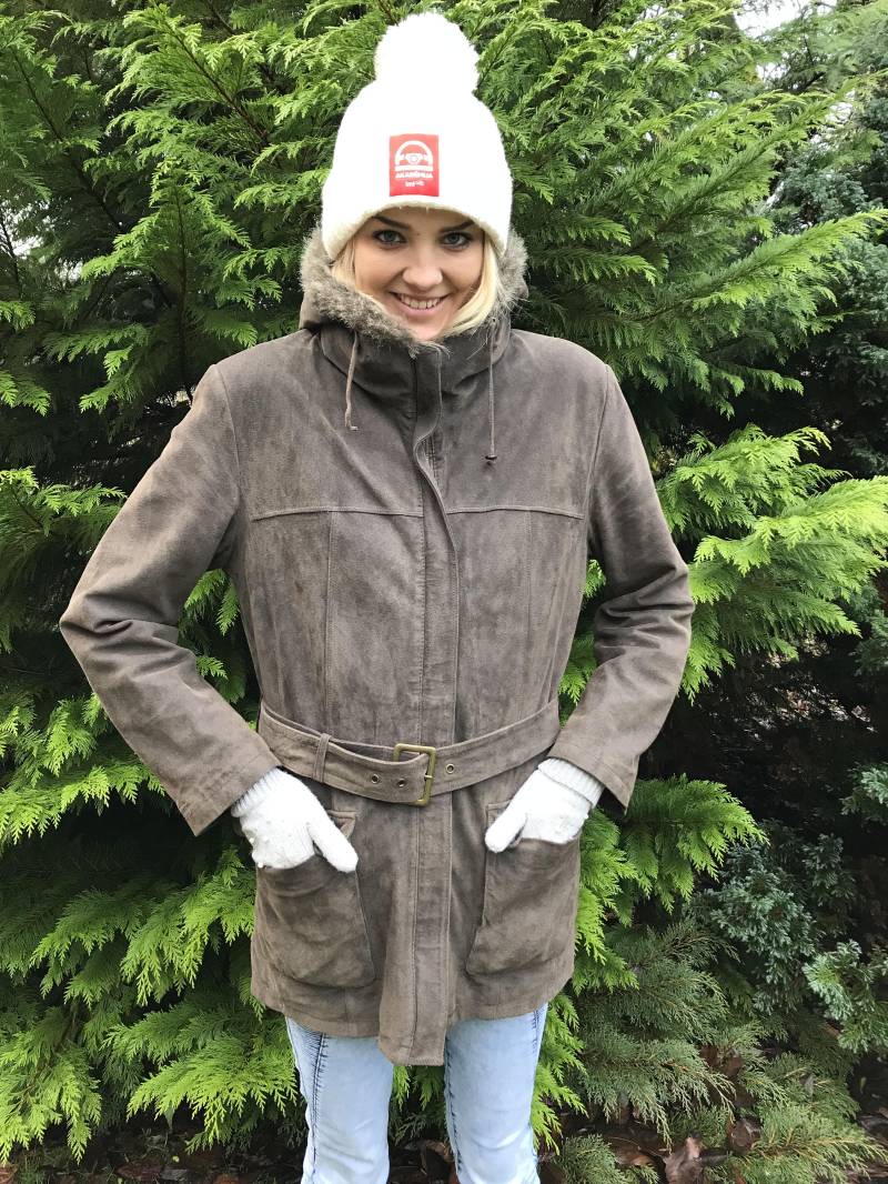 Weinlese-Frauen Leder Parka Mantel Grau Wildleder Webpelz Trim Mittlere Bis Große Größe Winter Hipster Jacke Kapuze von MegaaShop