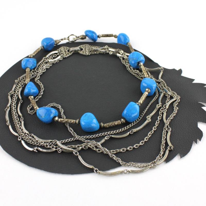 Blauer Stein & Silber Multi Strang Kette Halskette Set/Blau Boho Stil /Southwest Schmuck Metallkette von MeganLeoneVintage