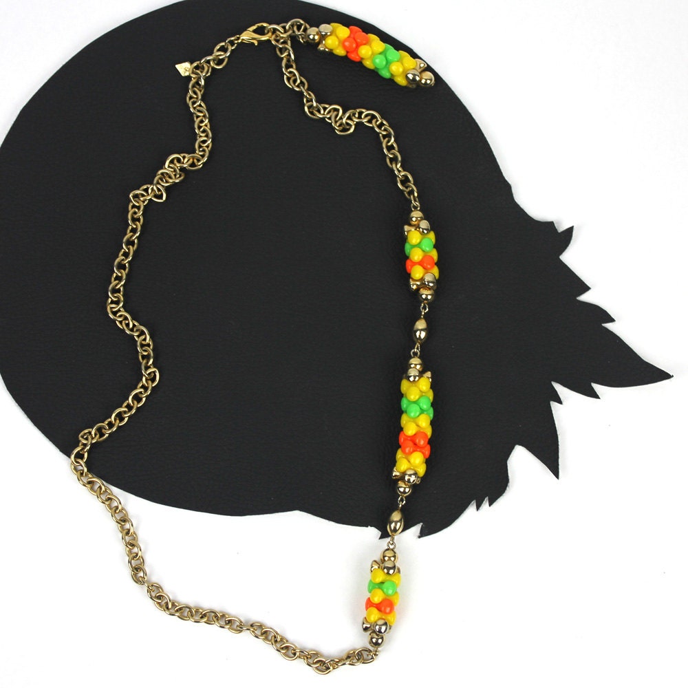 Jahrgang Neon Orange Lime & Gelb, Perlen Und Gold Halskette von MeganLeoneVintage