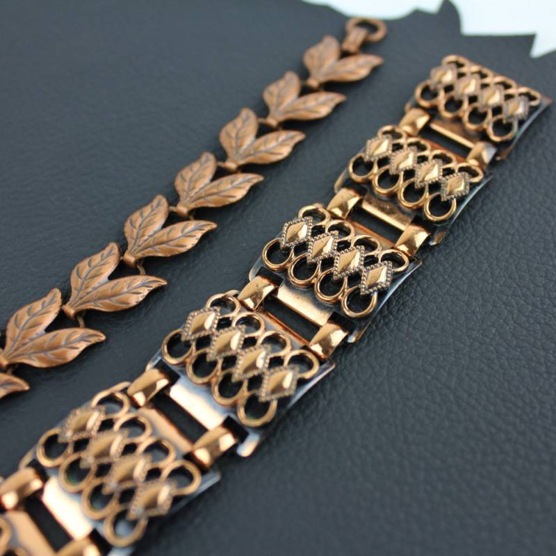 Kupfer Armband Set - Mid-Century Modern & Blatt Armbänder von MeganLeoneVintage