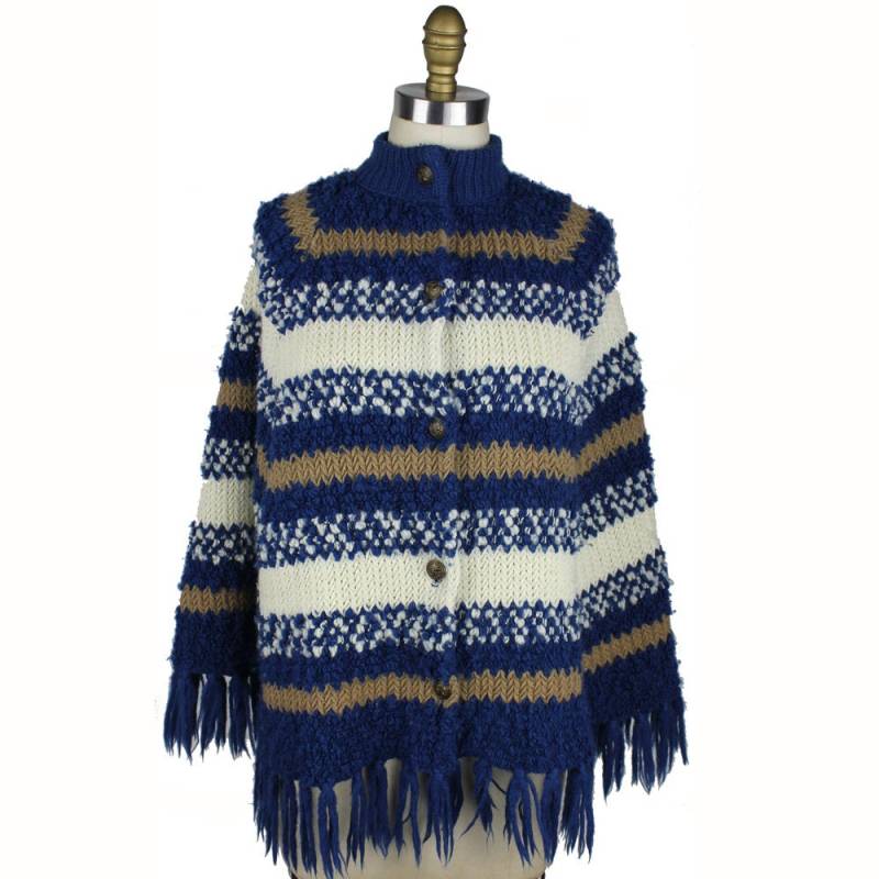 Midnight Blue Taupe & Off White Button Up Sweater Cape Mit Fransen von MeganLeoneVintage