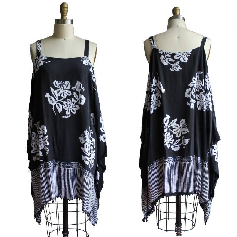 Schwarz & Weiß Floral Boho Kaftan Vintage Kleid Mit Trägern - Drapieren Eine Größe Passt Für Viele/strand Cover Up Sommerkleid von MeganLeoneVintage