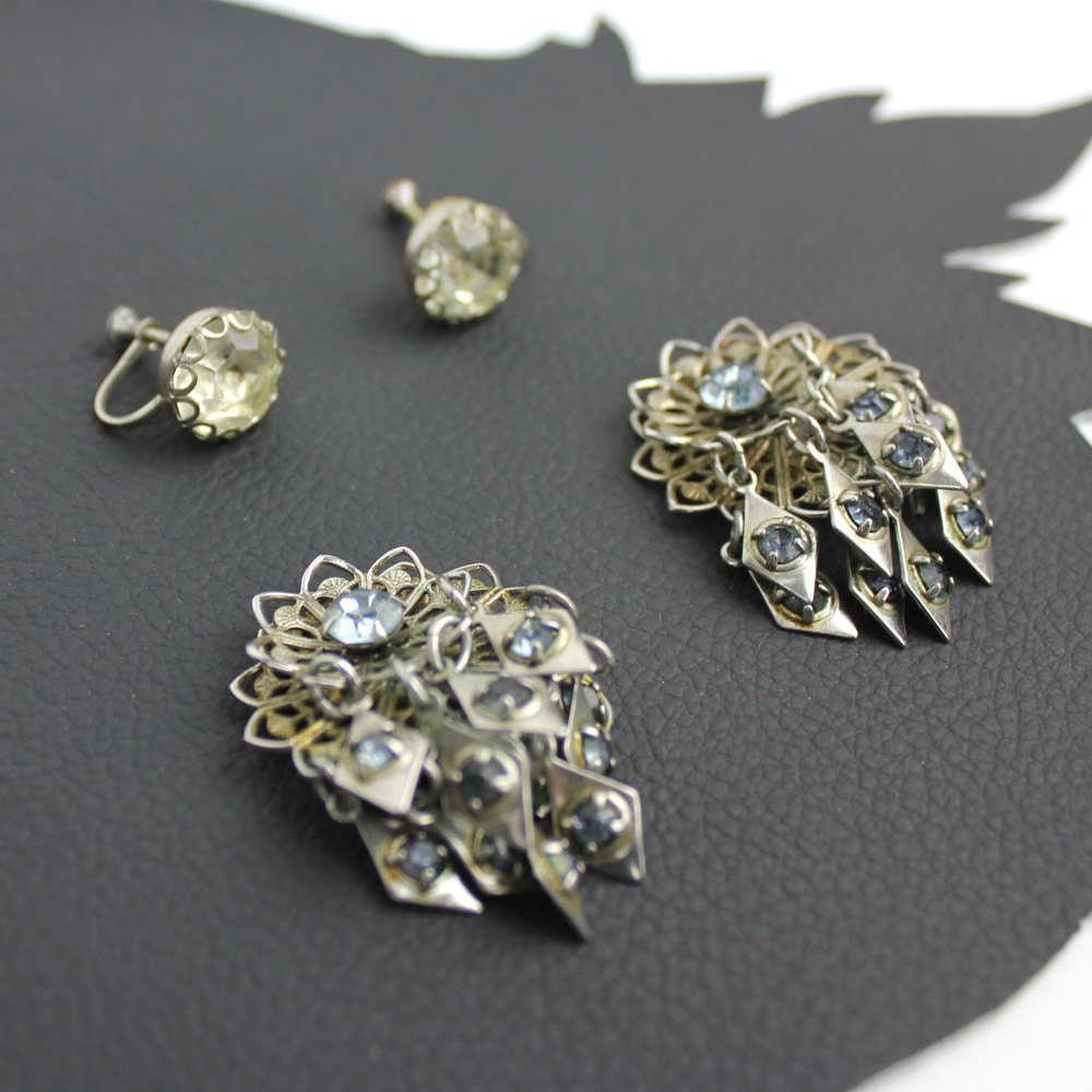 Silbernes Filigran - Und Strass-Ohrclip-Set Ohne Löcher von MeganLeoneVintage