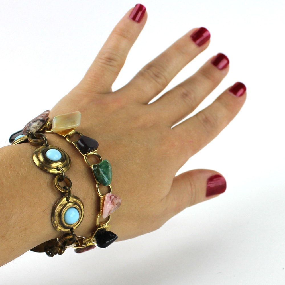 Türkis Messingarmband & Bunten Rock-Poliert-Armband von MeganLeoneVintage