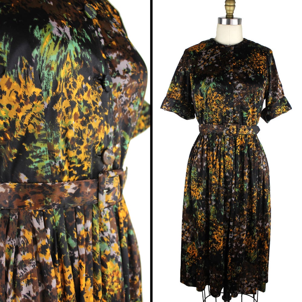 Vintage 50Er Jahre Schwarz Braun Gold Grau Und Grün Abstrakt Blumen Kurzarm Midi Rock Länge Mit Passenden Gürtel Kleid von MeganLeoneVintage