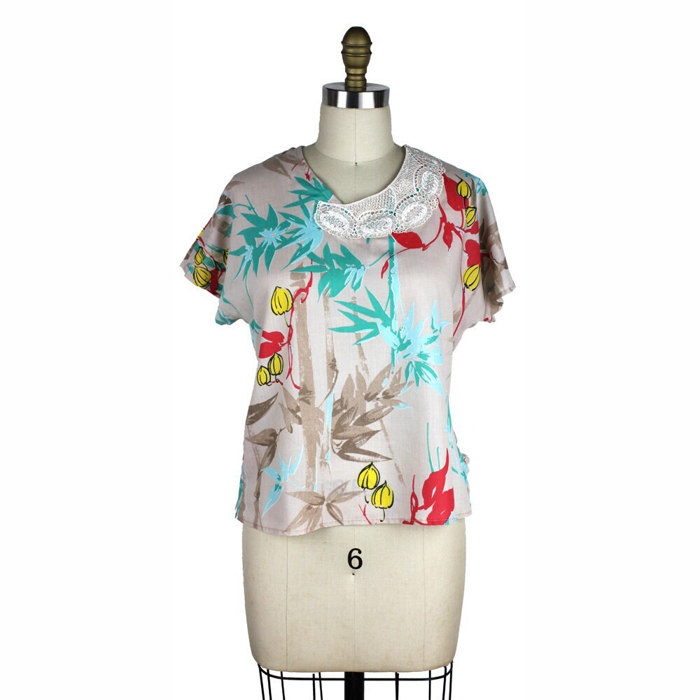 Vintage Bambusblatt Kurzarm Bluse - Größe M von MeganLeoneVintage