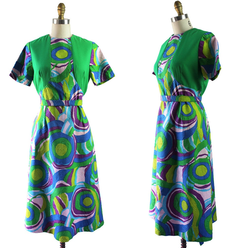 Vintage Grün Blau Lila Wirbel Kreis Muster Kleid - Größe Medium von MeganLeoneVintage