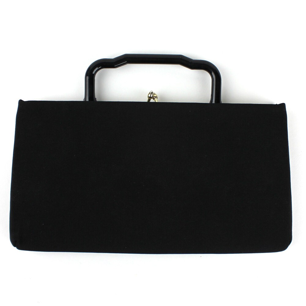 Vintage Schwarze Polyester-Cabrio-Handtasche/Clutch Mit Kunststoff-Griff von MeganLeoneVintage