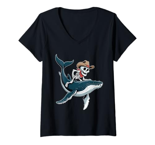 Damen Buckelwal Cowboy Skelett Halloween T-Shirt mit V-Ausschnitt Damen Buckelwal Cowboy Skelett Halloween T-Shirt mit V-Ausschnitt von Megaptera Spooky Humpback Whales for Kids