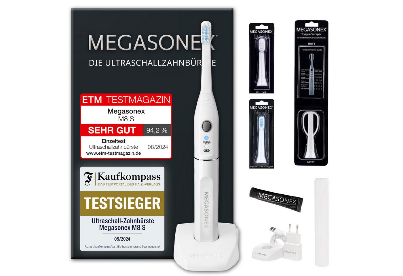 Megasonex Ultraschallzahnbürste M8 S, Aufsteckbürsten: 2 St., Mit 1,6MHz Ultraschall, 2 Schallvibrations-Modi & innovativem Zubehör von Megasonex