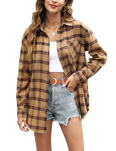 Megfie Übergroße Damen Flanell Plaid Weiches Flanell Button Down Shirt Roll Up Langarm Flanell Plaid Hemd Blusen Frauen, Kürbis, X-Groß von Megfie