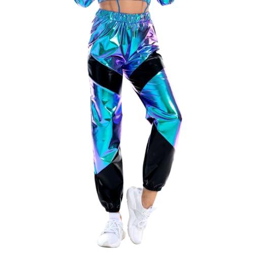 Damen Metallic Glänzed Hose Laser-Freizeithose mit hoher Taille und elastischem Bund aus bronzierendem Lackleder mit Farbblockierung Stretch Leggings Tanzhosen Party Disco Clubwear von Meggsnle