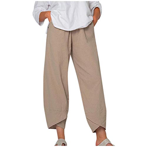 Meggsnle Damen Baumwolle Leinenhose Sommerhose Frauen Bedruckt Strandhose Weich Bequem Loose Einfarbig Lässige Pumphose Yogahose Hose Damen 7/8 Paperbaghose Casual Stoffhose Langhose von Meggsnle