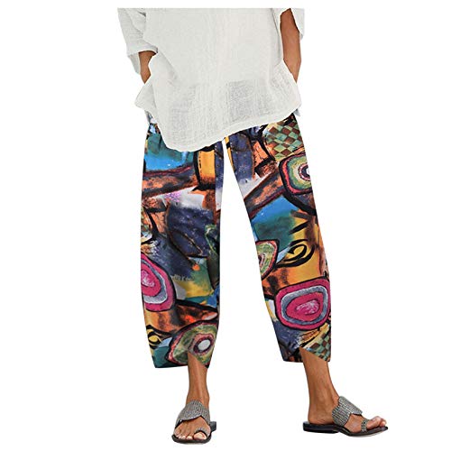 Meggsnle Damen Baumwolle Leinenhose Sommerhose Frauen Bedruckt Strandhose Weich Bequem Loose Einfarbig Lässige Pumphose Yogahose Hose Damen 7/8 Paperbaghose Casual Stoffhose Langhose von Meggsnle