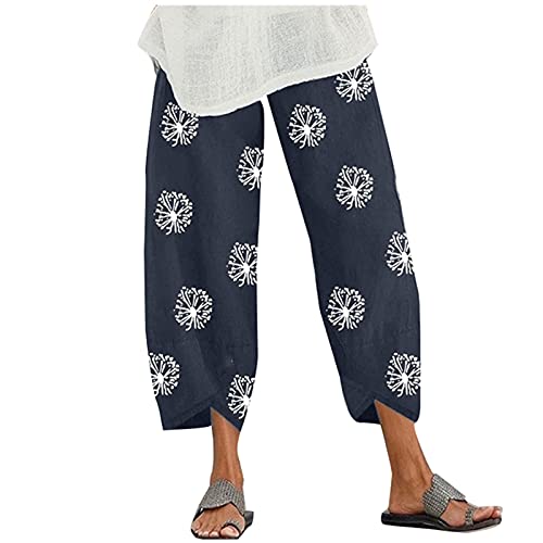 Meggsnle Damen Baumwolle Leinenhose Sommerhose Frauen Bedruckt Strandhose Weich Bequem Loose Einfarbig Lässige Pumphose Yogahose Hose Damen 7/8 Paperbaghose Casual Stoffhose Langhose von Meggsnle