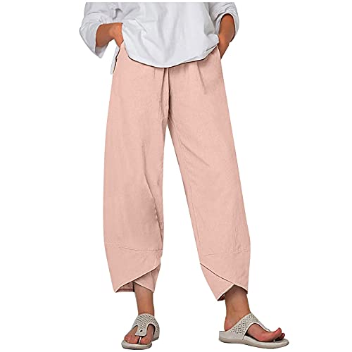 Meggsnle Damen Baumwolle Leinenhose Sommerhose Frauen Bedruckt Strandhose Weich Bequem Loose Einfarbig Lässige Pumphose Yogahose Hose Damen 7/8 Paperbaghose Casual Stoffhose Langhose von Meggsnle