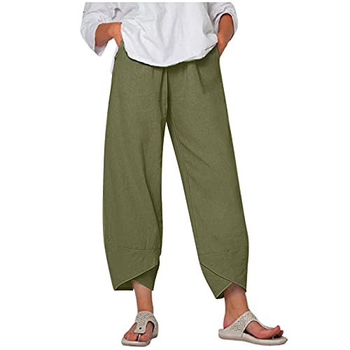 Meggsnle Damen Baumwolle Leinenhose Sommerhose Frauen Bedruckt Strandhose Weich Bequem Loose Einfarbig Lässige Pumphose Yogahose Hose Damen 7/8 Paperbaghose Casual Stoffhose Langhose von Meggsnle