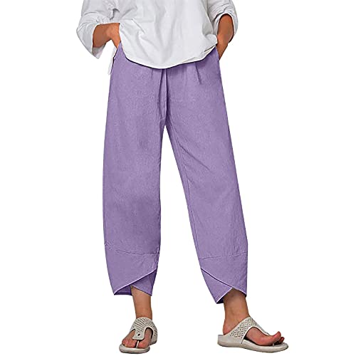 Meggsnle Damen Baumwolle Leinenhose Sommerhose Frauen Bedruckt Strandhose Weich Bequem Loose Einfarbig Lässige Pumphose Yogahose Hose Damen 7/8 Paperbaghose Casual Stoffhose Langhose von Meggsnle