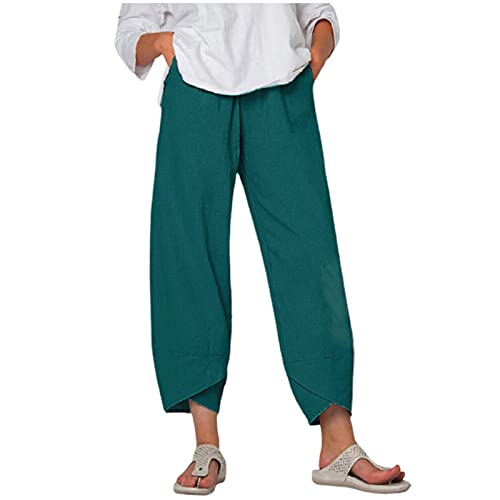 Meggsnle Damen Baumwolle Leinenhose Sommerhose Frauen Bedruckt Strandhose Weich Bequem Loose Einfarbig Lässige Pumphose Yogahose Hose Damen 7/8 Paperbaghose Casual Stoffhose Langhose von Meggsnle