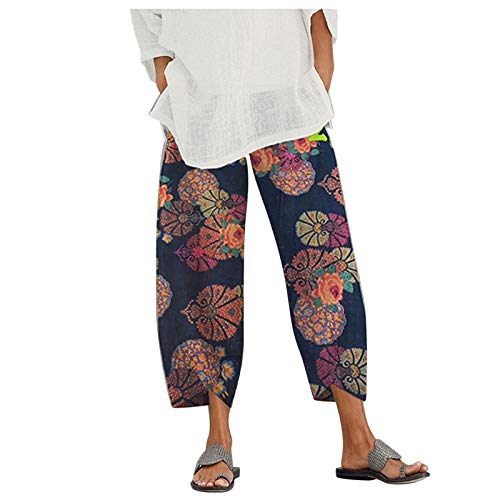 Meggsnle Damen Baumwolle Leinenhose Sommerhose Frauen Bedruckt Strandhose Weich Bequem Loose Einfarbig Lässige Pumphose Yogahose Hose Damen 7/8 Paperbaghose Casual Stoffhose Langhose von Meggsnle