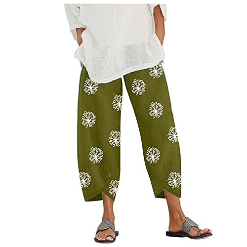 Meggsnle Damen Baumwolle Leinenhose Sommerhose Frauen Bedruckt Strandhose Weich Bequem Loose Einfarbig Lässige Pumphose Yogahose Hose Damen 7/8 Paperbaghose Casual Stoffhose Langhose von Meggsnle