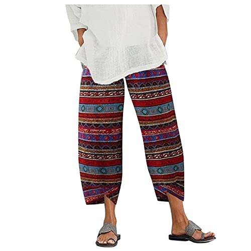 Meggsnle Damen Baumwolle Leinenhose Sommerhose Frauen Bedruckt Strandhose Weich Bequem Loose Einfarbig Lässige Pumphose Yogahose Hose Damen 7/8 Paperbaghose Casual Stoffhose Langhose von Meggsnle