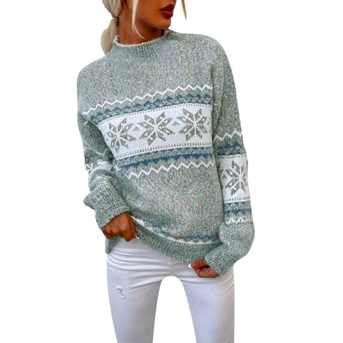 Meggsnle Damen Weihnachtspullover mit kleinem Stehkragen Christmas Pullover Warm Strickpullover mit Streifen Schneeflocken Winter Pullis für Frauen Oberteile Langarm von Meggsnle