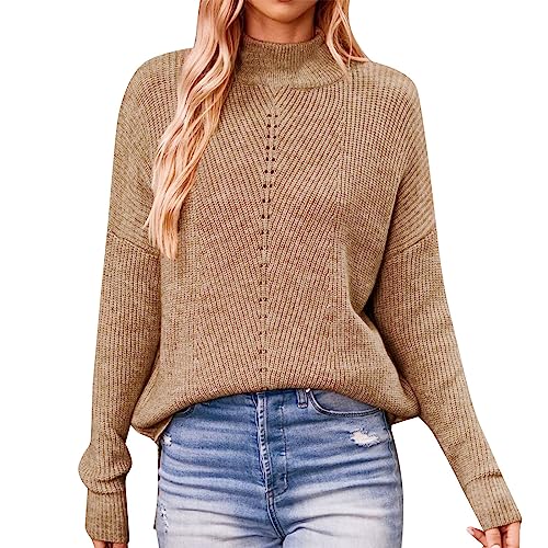 Meggsnle Einfarbiger Halb-Rollkragenpullover Lose Größe Ausgehöhlter Pullover Damen Pullover Mit Totenkopf (Khaki, S) von Meggsnle