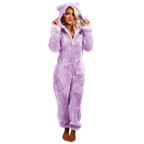 Meggsnle Jumpsuit Damen Kuschelig Fleece Onesie Damen Flauschig Schlafoverall Pyjama Patchwork Teddy Fleece Schlafanzug Einteiler Ganzkörperanzug Flauschig Hausanzug mit Kapuze von Meggsnle