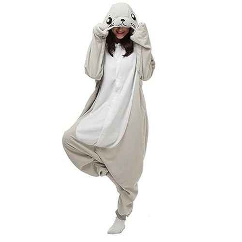 Meggsnle Onesie Pyjama Animal Costume, Unisex Erwachsene Tier Kostüm, Graue Robben- und Seelöwen-Cartoon-Overall-Schlafanzug Kuschelige Homewear für Paare im Herbst und Winter. von Meggsnle