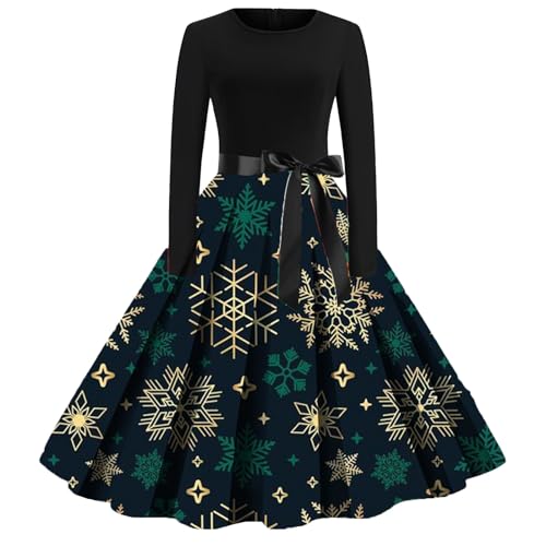 Meggsnle Weihnachtsen Kostüm Damen Schneeflocken Muster Partykleid Rundhals Hepburn Kleider Langarm Gastkleider Temperament Tunikakleider Xmas Bedruckte Cocktailkleid Lässiger Hängender Kleid von Meggsnle