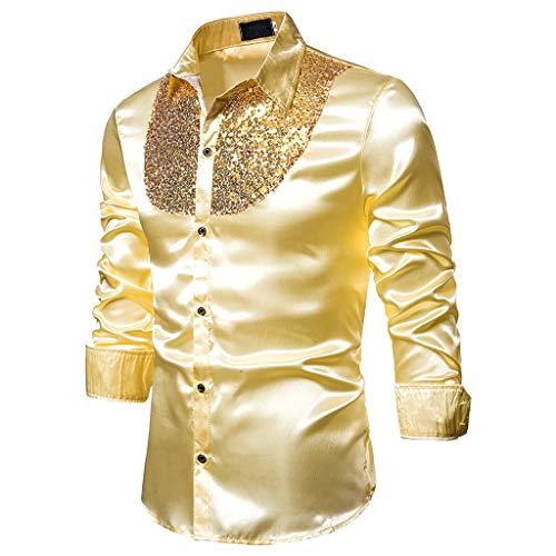 Pailletten Hemd Herren Gold Metallisch Glänzende Hemden Party Outfit Pailletten Shirt Nachtclub Stil wunderschöne Button Up Tanzkleidung langärmlige Reversbluse von Meggsnle