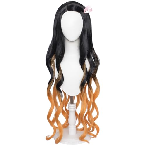 Dämonentöter Kamado Nezuko Rollenspiel Perücke Schwarz Orange Farbverlauf Damen ErsatzPerücke Tanjiro Schwester Verkleidet mit Langen Perücken Halloween Weißes nachtsPerücken Angebrachtes Haarnetz von Meguru