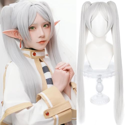 Frieren Perücke Cosplay Anime Frieren: Beyond Journey's End Silber Doppel Pferdeschwanz Lange Haare für Erwachsene Frauen Cos Frieren Rollenspiel Party von Meguru