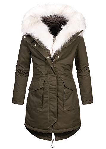 Megusto Damen Winterjacke Parka Jacke Kapuze Webpelz Blende abnb. Fishtail Rücken Steppfutter, Khaki White, Gr:L von Megusto