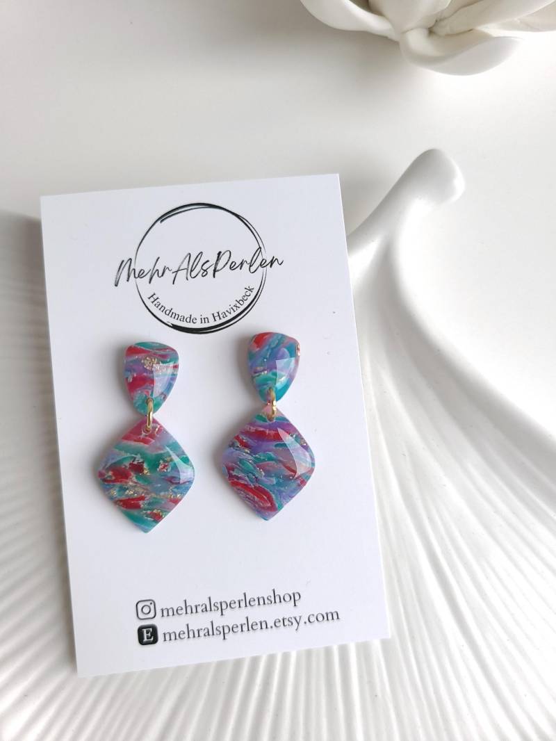 Ohrringe Bunte, Diamantformige Ohrringe, Sommer Ohrringe, Blau Rote Handgefertigter Schmuck, Geschenke Für Sie, Fimo Ohrhänger von MehrAlsPerlen