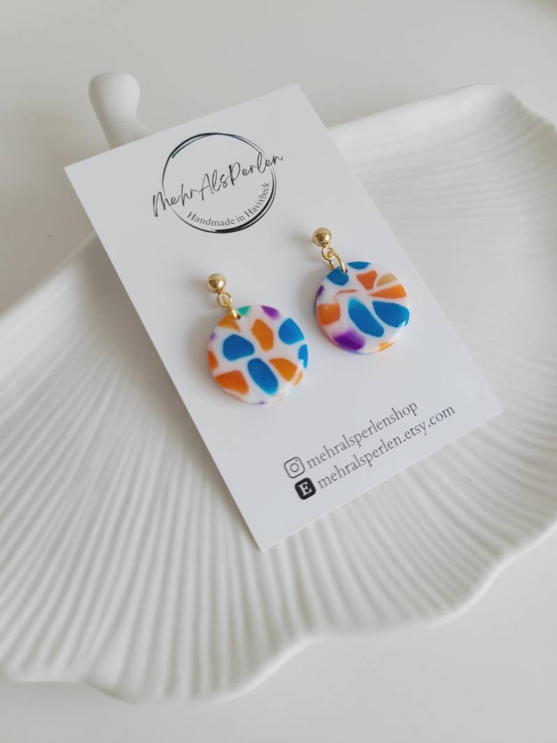 Orange Ohrringe, Bunte Terrazzo Polymer Ton Sommer Handgefertigter Schmuck, Geschenke Für Sie, Runde Ohrringe Aus Fimo von MehrAlsPerlen