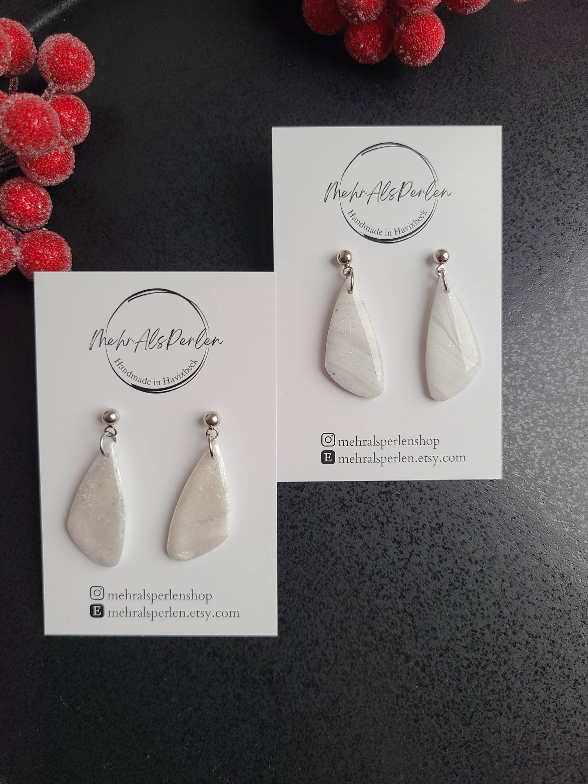 Polymer Clay Ohrringe, Silberweiße Ohrringe Aus Polymerton, Weiße Handgefertigter Schmuck, Geschenke Für Sie, Festliche von MehrAlsPerlen
