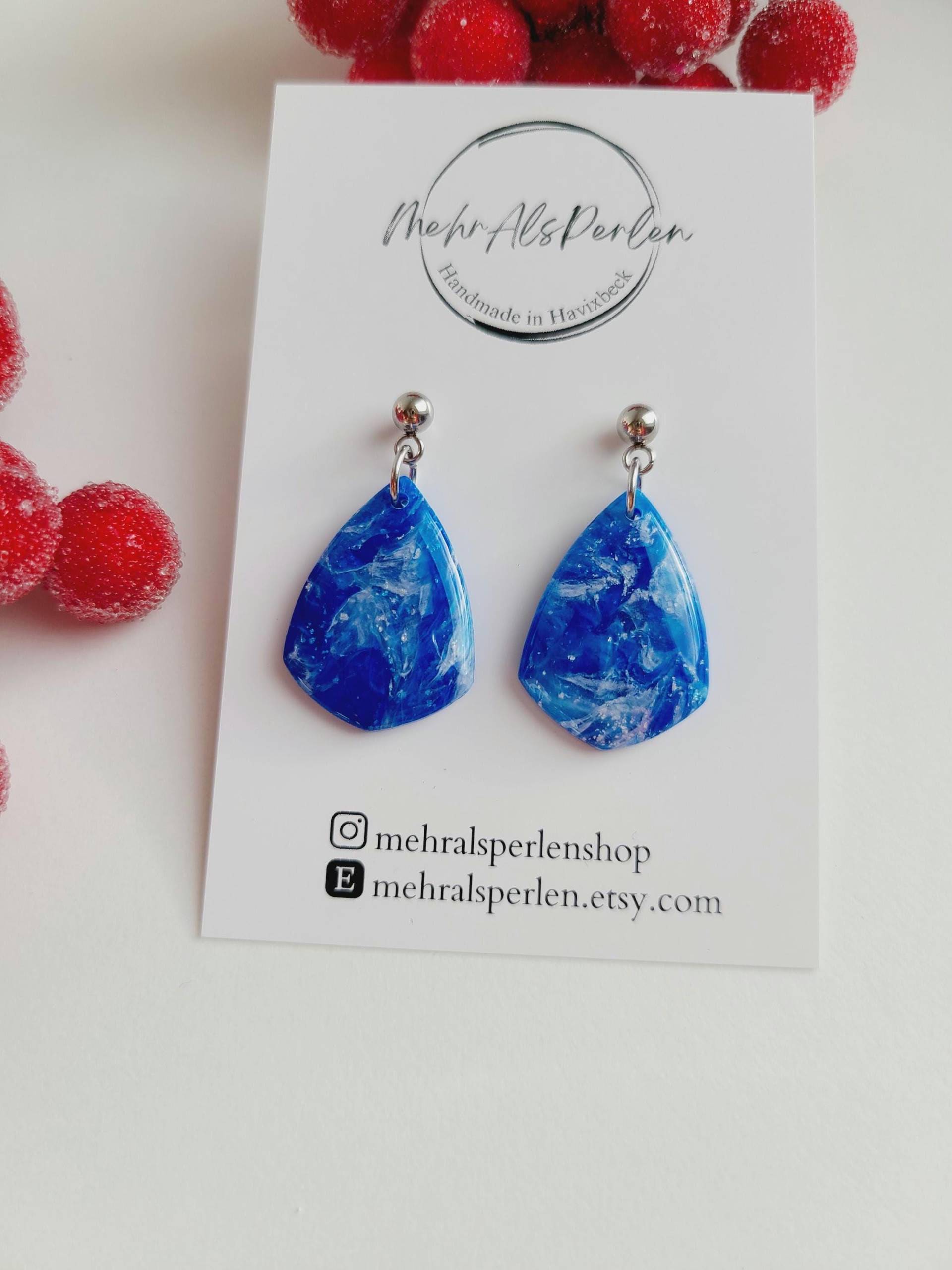 Saphirblaue Ohrringe, Blaue Polymer Ton Ohrhänger, Blau Weiße Marmorierte Handgefertigter Schmuck, Geschenke Für Sie von MehrAlsPerlen