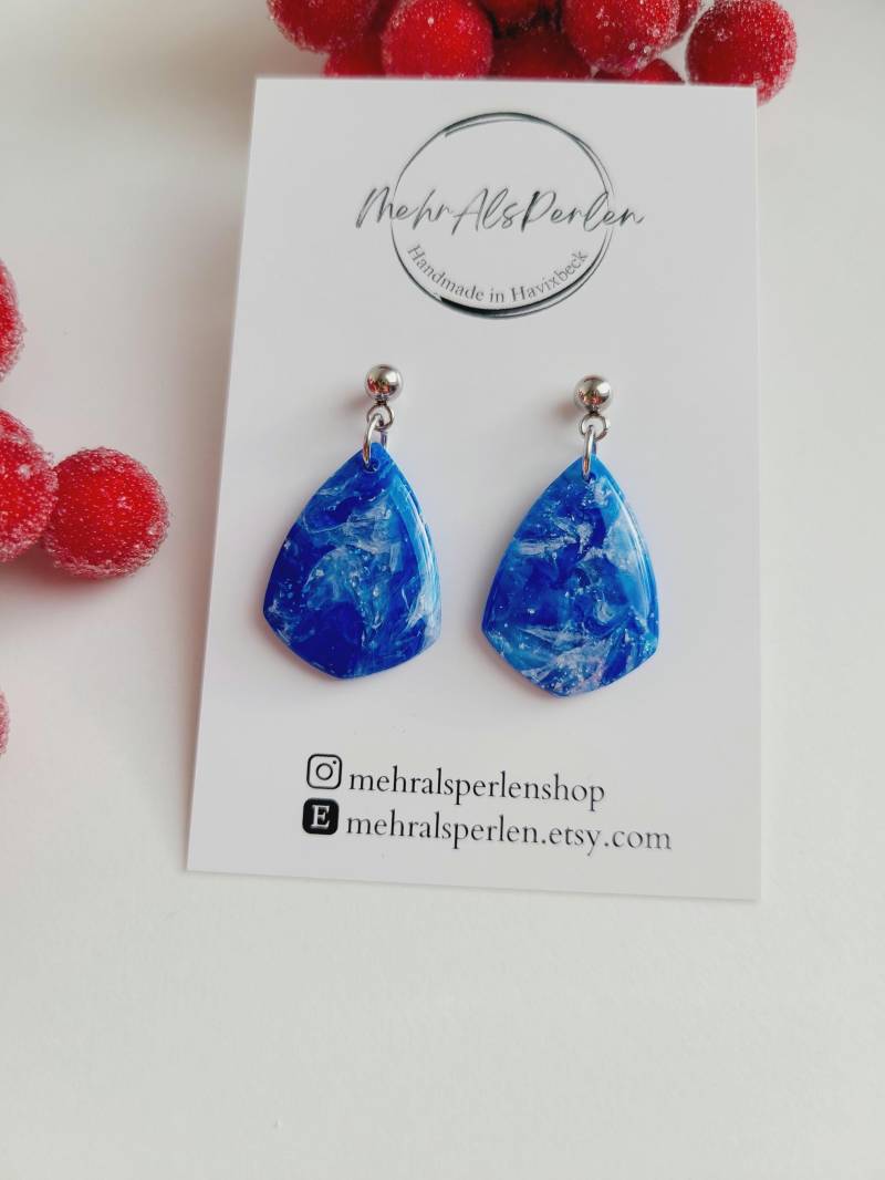 Saphirblaue Ohrringe, Blaue Polymer Ton Ohrhänger, Blau Weiße Marmorierte Handgefertigter Schmuck, Geschenke Für Sie von MehrAlsPerlen
