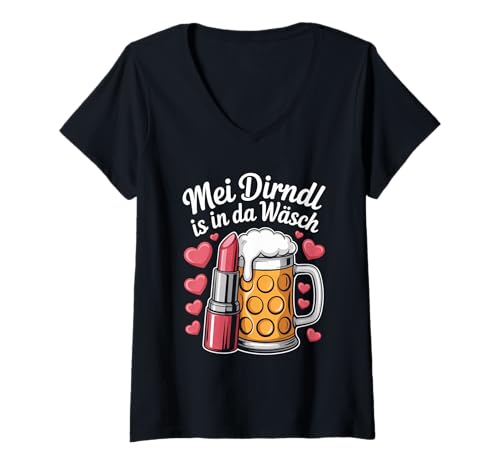 Damen MEI Dirndl is in da Wäsch - Lustiges Volksfest T-Shirt mit V-Ausschnitt von Mei Dirndl is in da Wäsch Volksfest Designs