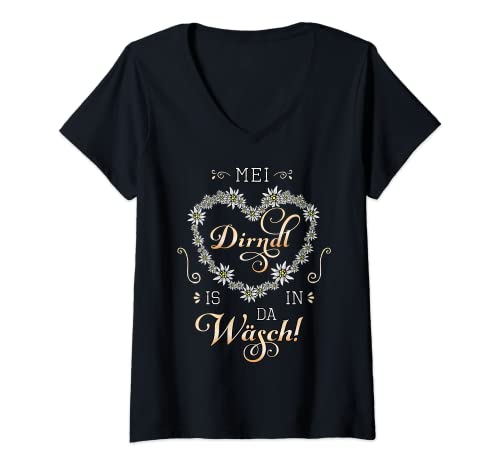 Damen Mei Dirndl is in da Wäsch Edelweiß Herz Damen Ersatz Tracht T-Shirt mit V-Ausschnitt Damen Mei Dirndl is in da Wäsch Edelweiß Herz Damen Ersatz Tracht T-Shirt mit V-Ausschnitt von Mei Dirndl mit Edelweiß Herz