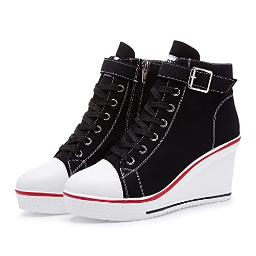 Mei MACLEOD Sneaker mit Keilabsatz für Damen, hoher Absatz, Sneaker, seitlicher Reißverschluss/Schnürung, Segeltuchschuhe für Damen, Studenten, Schwarz, 37 EU von Mei MACLEOD