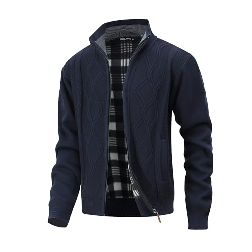 MeiLayM Herren Fleecejacke Stehkragen Strickjacke Warm Winterjacke mit Zopfmuster Voller Reißverschluss Sweatjacke Grobstrick Langarm Cardigan Blau,M von MeiLayM