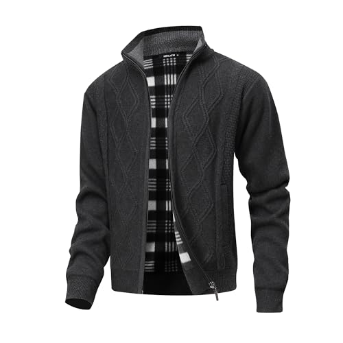 MeiLayM Herren Fleecejacke Stehkragen Strickjacke Warm Winterjacke mit Zopfmuster Voller Reißverschluss Sweatjacke Grobstrick Langarm Cardigan Grau,XL von MeiLayM